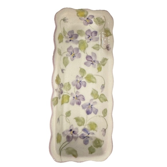 Vintage Andrea By Sadek Rectangular Trinket Dish Hand Painted Violets 3.5x9" - Picture 2 of 4